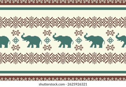 Elephant pixel pattern. Seamless. White stripes, colorful background. Ethnicity. Floral patterns, printed fabrics, pants, Lanna.