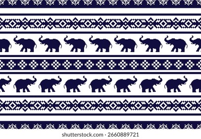 Padrão de pixel de elefante. Sem emenda. Listras brancas, fundo azul. Etnia. Padrões florais, tecidos impressos, calças, Lanna.