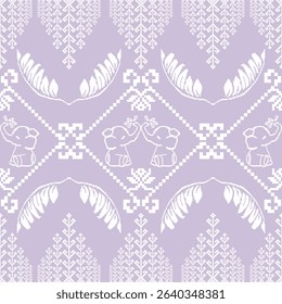 Elephant Pixel Seamless Pattern. Tribal Folk Textile in Lavender. Elephants, leaves, tribal, floral motifs. Great for baby products, nursery textiles, and handcrafted designs with ethnic inspiration.