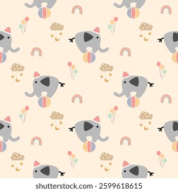 Elephant play ball cartoon so cute. On rainbow balloon cloud star background. Pattern seamless vector illustration. 