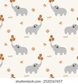 Elephant play balloon cartoon so cute. On gift bell background. Pattern seamless vector illustration. 