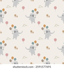 Elephant play balloon cartoon so cute. On tree background. Pattern seamless vector illustration. 