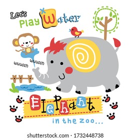 elephant play with monkey funny animal cartoon,vector illustration