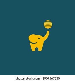 Elephant playing with a ball. Logo, emblem or symbol. Vector illustration. Concept of love for animals. Flat design..