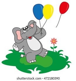 Elephant playing with balloons. Cute, funny cartoon character