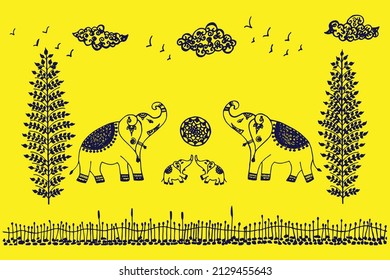 Elephant playing football warli art. India art beautiful wall painting. illustration, vector. 
