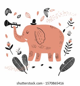 The elephant is playing the music. Collection of hand drawn. Vector illustration in sketch doodle style.	