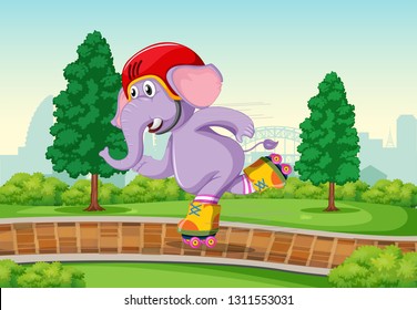 Elephant playing roller skate in the park illustration