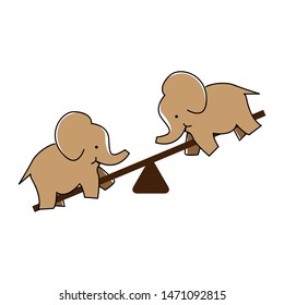 Elephant plays seesaw.  Vector Illustration on white background