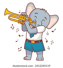 The elephant plays the trumpet.Animal musician character.A student to study at a music school on the trumpet.Musical notation.Line art vector illustration.Student in school uniform.