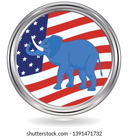 Elephant political symbol of republicans on USA flag background - Round metallic icon - vector. US political parties