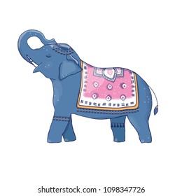 Elephant and poncho clip art funny face smile character drawing illustration color blue pink cloak cape africa india wildlife circus white background