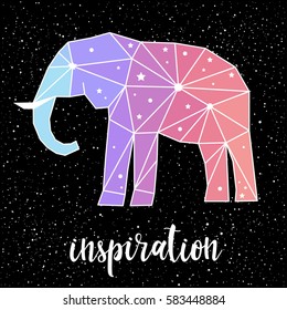 Elephant portrait and handwritten lettering isolated on black. Handmade inspiration quote and polygonal elephant for design t-shirt, holiday card, invitation, brochures, book, scrapbook, album etc
