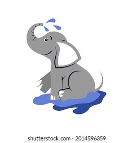 The elephant pours water on itself. Vector flat illustration. One animal isolated on a white background. 