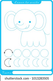 Elephant. Preschool Worksheet For Practicing Fine Motor Skills - Tracing Dashed Lines. Tracing Worksheet.  Illustration And Vector Outline - A4 Paper Ready To Print.