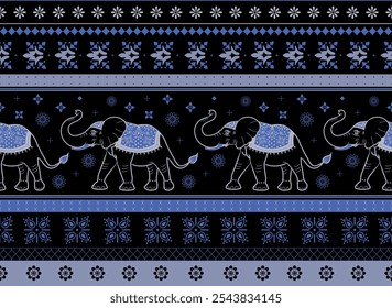 Patrón sin fisuras con estampado de elefante. Patrón tailandés de elefante sobre fondo negro. Patrón de elefante en tonos azules, grises y negros, paisley, vintage, clásico, perfecto para textiles, Fondos de pantalla y decoración del hogar.