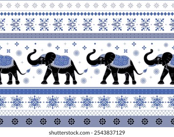 Elefante imprimir sem emenda padrão. Padrão tailandês de elefante sobre fundo branco. Padrão de elefante em tons de azul, cinza e preto, paisley, vintage, clássico, perfeito para têxteis, papéis de parede e decoração de casa.