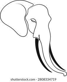 Elephant profile line drawing, african wildlife symbol, minimalist tusk design, pachyderm head icon, nature preservation art.