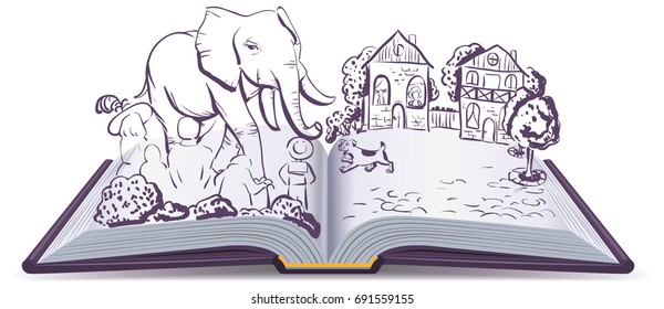 Elephant and Pug story. Illustration open fable book. Vector cartoon drawing