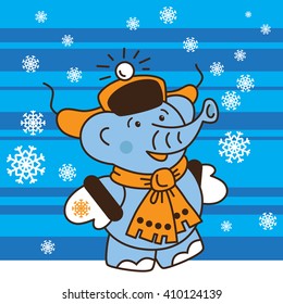 Elephant put on hat, scarf, mittens and walking in the winter. Snowflakes are around him.
