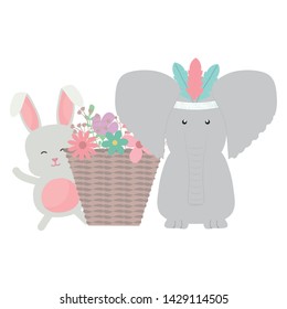 elephant and rabbit with feathers hat and basket of flowers