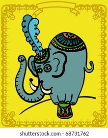 Elephant raised in a podium, with feather in the head, in the circus