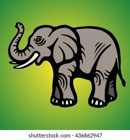 An elephant with a raised trunk. Green background. Vector Image.