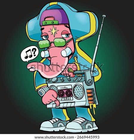 elephant rapper in a tracksuit holds a stereo cassette player and plays a song from it