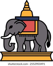 An elephant with a red and blue blanket on its back. The elephant is smiling and he is happy