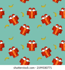 Elephant red cartoon so cute.banana and green background.pattern seamless vector and illustration.for t-shirt.