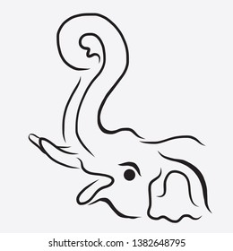 Elephant relaxing with trunk in the air. illustration for logo, symbol and icon. Black and white hand drawn vector.