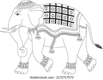 Elephant rendered in Pichwai style. Indian folk art. for a coloring book, textile, fabric prints, phone case, and greeting cards. logo, calendar
