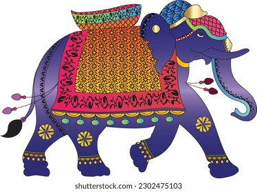 Elephant rendered in Pichwai style. Indian folk art. for a coloring book, textile fabric prints, phone case, and greeting card. logo, calendar	
