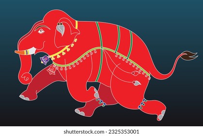 Elephant rendered in Pichwai style. Indian folk art. for a coloring book, textile fabric prints, phone case, and greeting card. logo, calendar	
