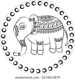 Elephant rendered in Pichwai style. Indian folk art is used for coloring books, textiles, fabric prints, phone cases, and greeting cards. logo, calendar