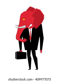 Elephant Republican politician. Metaphor of political party of USA. Wild animal with briefcase and tie. Beast in business suit. Illustration for elections in America