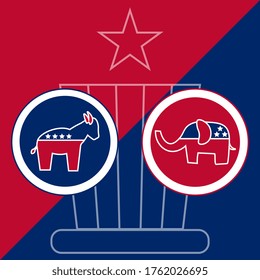 Elephant Republican vs donkey Democrat, American political mascot animals, ideological duel for patriot hat.  Flat symbols in Presidential Election parties contest theme in blue and red US flag colors