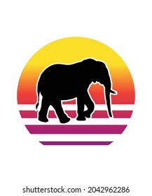 Elephant Retro Sunset Design template. Vector design template for logo, badges, t-shirt, POD and book cover. Isolated white background.