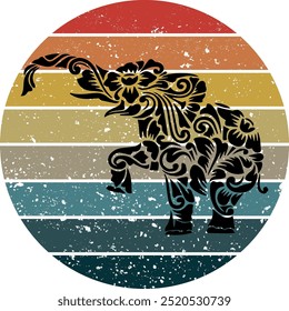 Plantilla de diseño de puesta de sol retro de elefante. Plantilla de diseño de Vector para logotipo, insignias, camiseta, POD y portada de libro. Logotipo del elefante safari africano, ilustración elefante