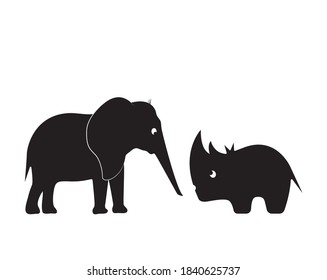 Elephant and rhino cartoon illustration isolated on white background, vector. Elephant and rhino silhouette. Fun childish art design, wall decals, natural artwork