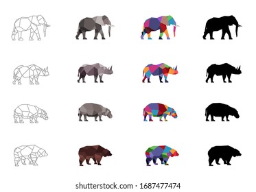 Elephant, Rhino, Hippo, Bear, Zoo animals vector icon isolated on white 