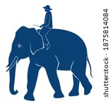 Elephant with rider silhouette on white background. Side view of a dark blue elephant with man vector illustration. Moving big animal with tusks and proboscis down. Wild animal nature image, wildlife