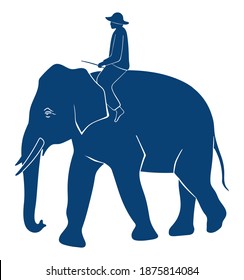 Elephant with rider silhouette on white background. Side view of a dark blue elephant with man vector illustration. Moving big animal with tusks and proboscis down. Wild animal nature image, wildlife