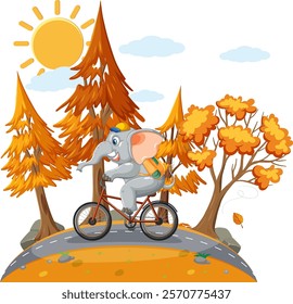 Elephant rides a bike amidst colorful autumn trees