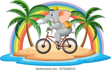 Elephant rides bike on island with rainbows