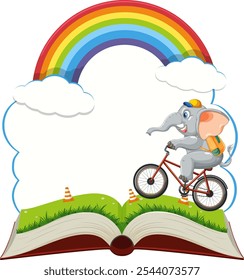 Elephant rides a bike over an open book