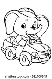 Elefantenfahrten mit dem Auto. Elefantenfahrten mit dem Auto. Färben. Illustration der Cartoon-Vektorillustration. Einzeln auf weißem Hintergrund. 