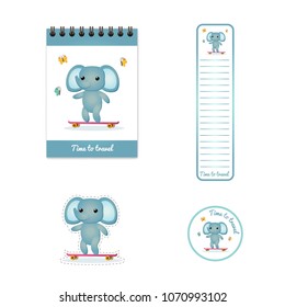 The elephant rides a skateboard. A set of templates. Stationery, souvenir, gift products. Notepad, bookmark, icon, sticker. Vector stock illustration. Children's drawing in cartoon style. funny image.