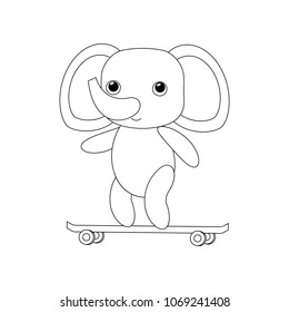 The elephant rides a skateboard. Vector stock illustration. Coloring for kids. Black and white picture. Children's drawing in cartoon style. It can be used for design of educational activities.