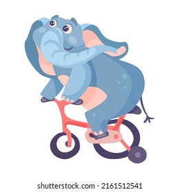 Elephant riding a bicycle cartoon illustration. Cute baby elephant with long trunk performing, standing on balloon. Animal, circus concept